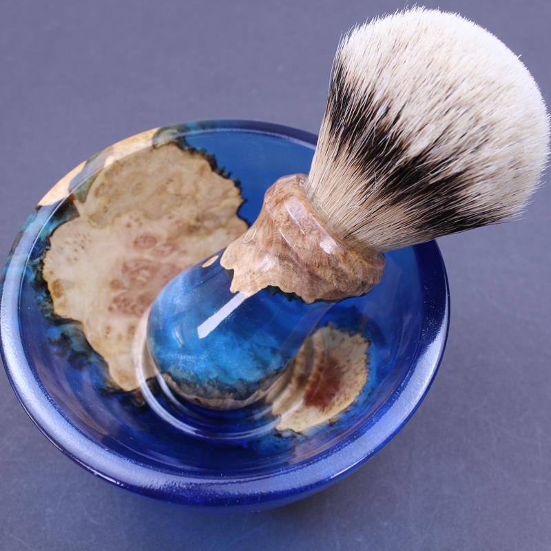 Burl Wood Indigo Blue Shave Bowl and Silvertip Badger Brush